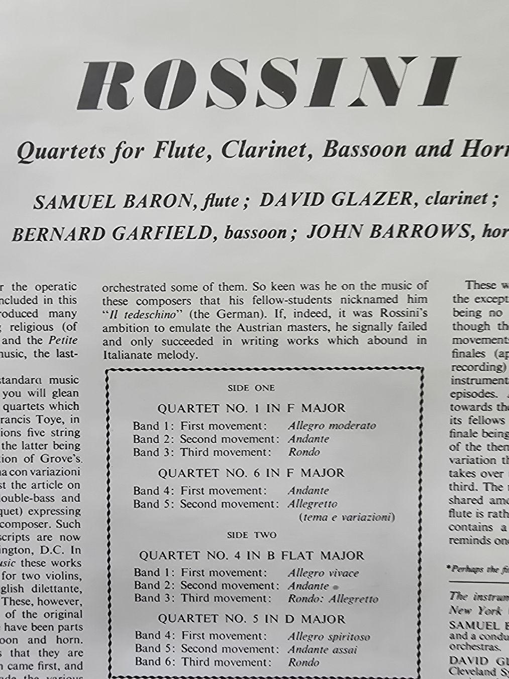 Dischi in vinile: Rossini Quartets for Flute, Clarinet ... – Usato da Hedingen venduto da mickway 1