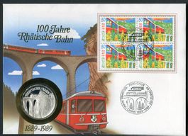 Numisbrief  -  100 Jahre Rhätische Bahn  -  1889 - 1989