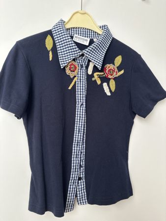 Damen T-Shirt Gr M marineblau mit Stickerei und Karokragen