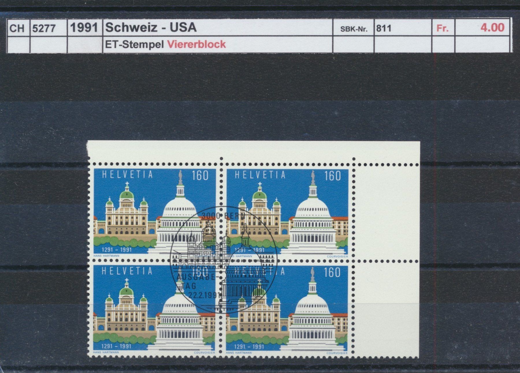 Tutti i francobolli: 1991 Gemeinschaft "Schweiz  / USA", Viererblock, ET- Stempel – Usato da Winterthur venduto da Zupogeru