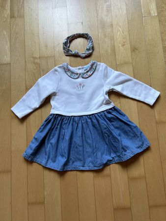 Kleid OKAIDI blau/weiss + passendes Haarband, Grösse 80