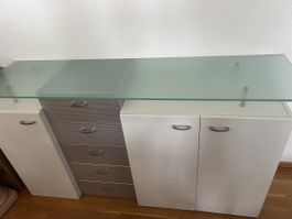 Kommode mit Glasplatte und Schubladen weiss 5 Schubladen