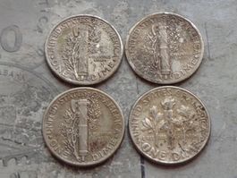 USA 4 x 1 Dime (10 cents) 1918-1938-1942-1964 Ag.900