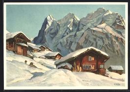 Mürren, Ortspartie im Tiefschnee, 1938