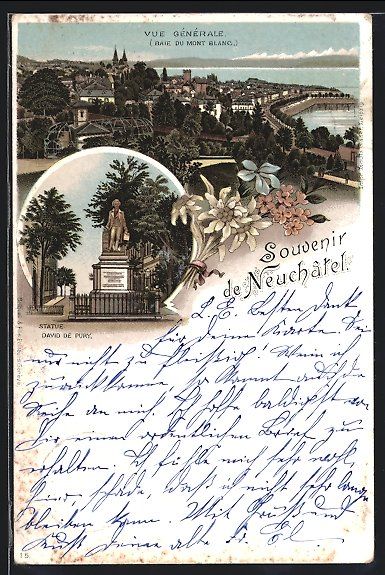 Ansichtskarten: Litho Neuchâtel, Statue David de Pury,  – Gebraucht aus Berlin von bartko-reher