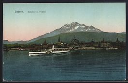 Luzern, Bahnhof und Pilatus mit Dampfer