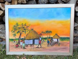 Afrikanisches Dorf 77x57 mit Rahmen