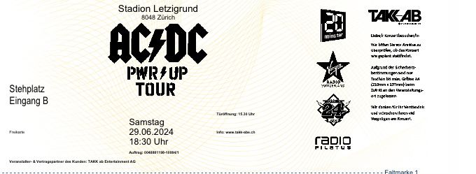 2 PRINT@HOME Tickets für AC/DC PWR UP Tour Zürich 29.06.24 (Neu (gemäss ...