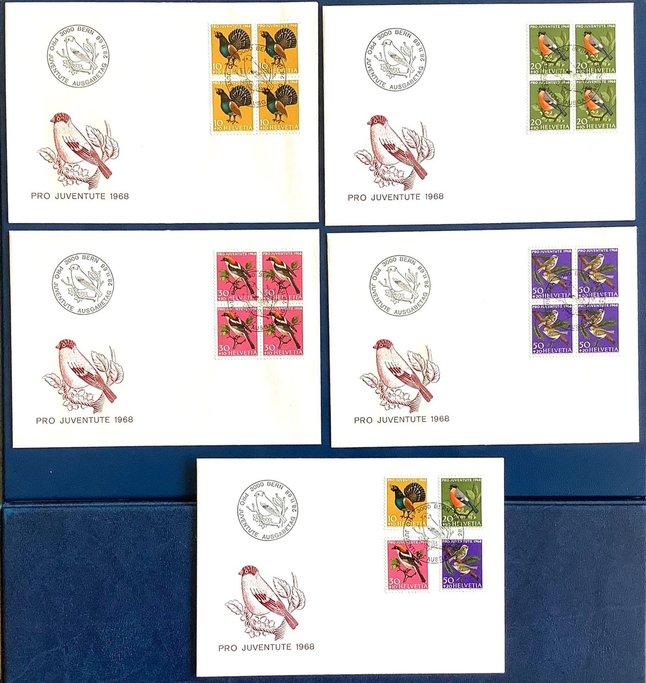 Tutti i francobolli: 1968 Pro Juventute Einheimische Vogel FDC + FDC Viererblock – Nuovo (secondo la descrizione) da Liestal venduto da Skunk02