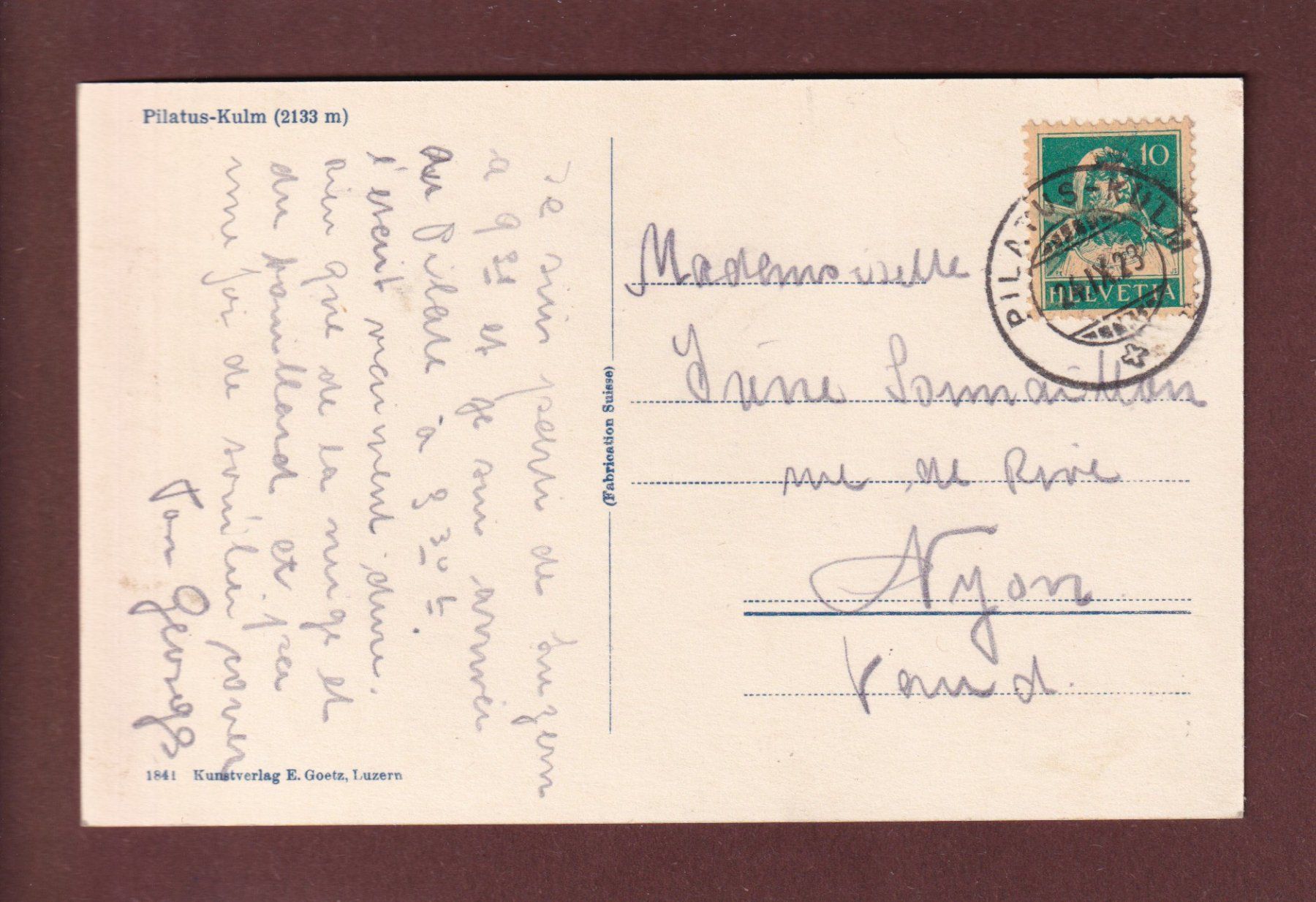 Cartoline postali: PILATUS-KULM - 1928 – Usato da Pully venduto da nicecards 1