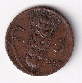 Alle Münzen: Italien 5 cent. 1920 – Gebraucht aus Neuchâtel von karlpierrino