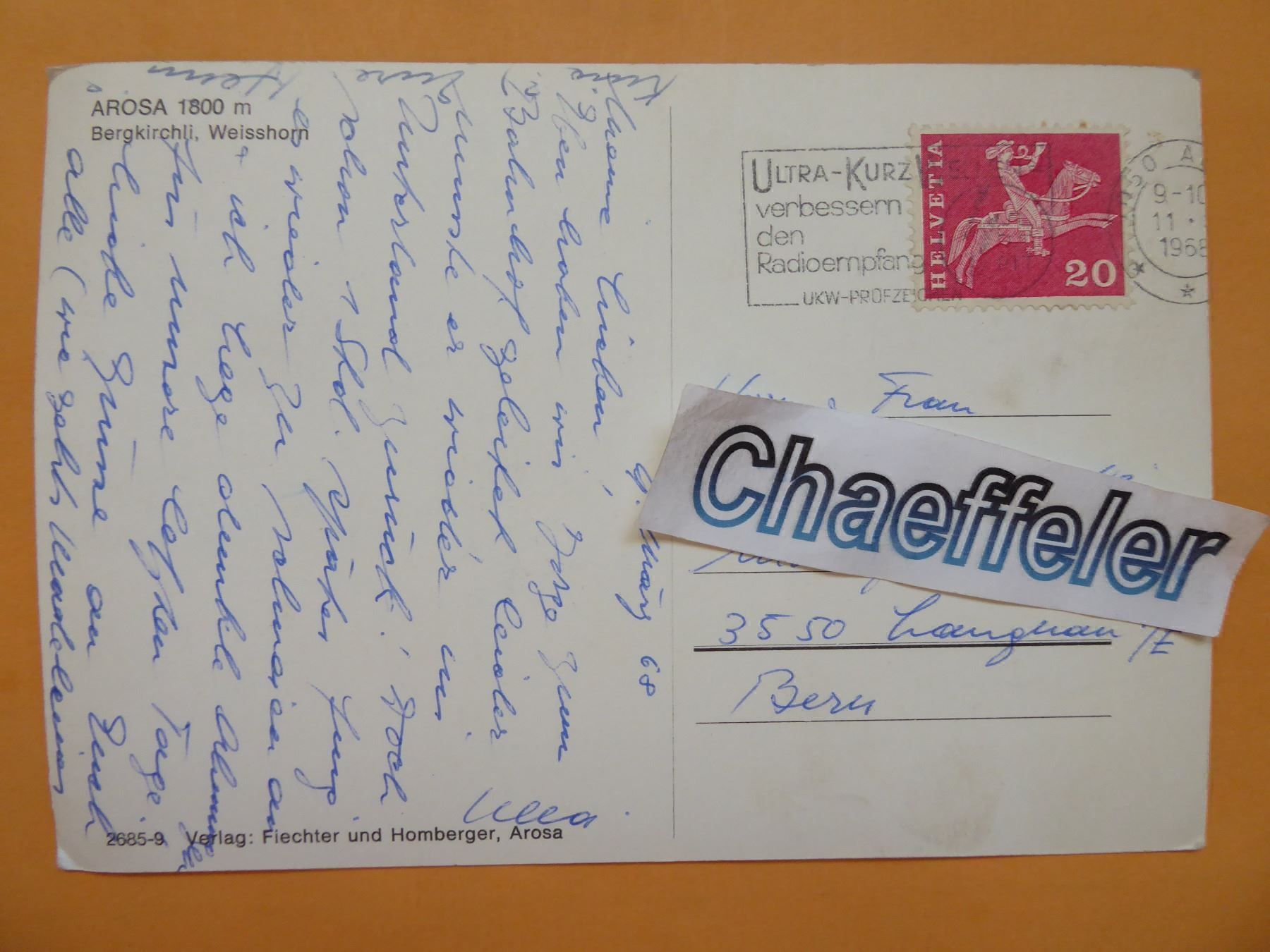 Cartoline postali: 1968 AROSA, Bergkirchlein, Weisshorn – Usato da Zürich venduto da Chaeffeler 1
