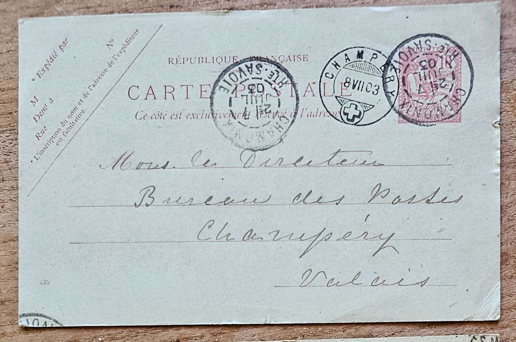 Tous les timbres: FRANCE entier postal CHAMONIX - CHAMPERY, 1903 – D'occasion à Les Valettes par Nuba1