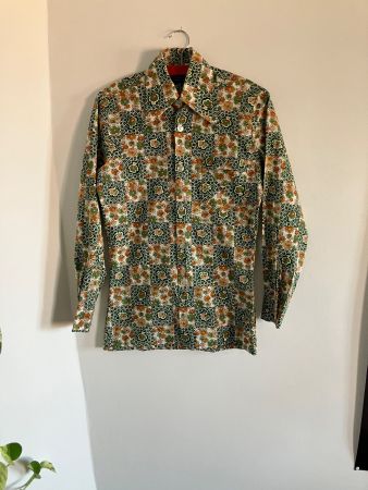 Chemise à motif floral blanc, vert, orange, homme, T. 38