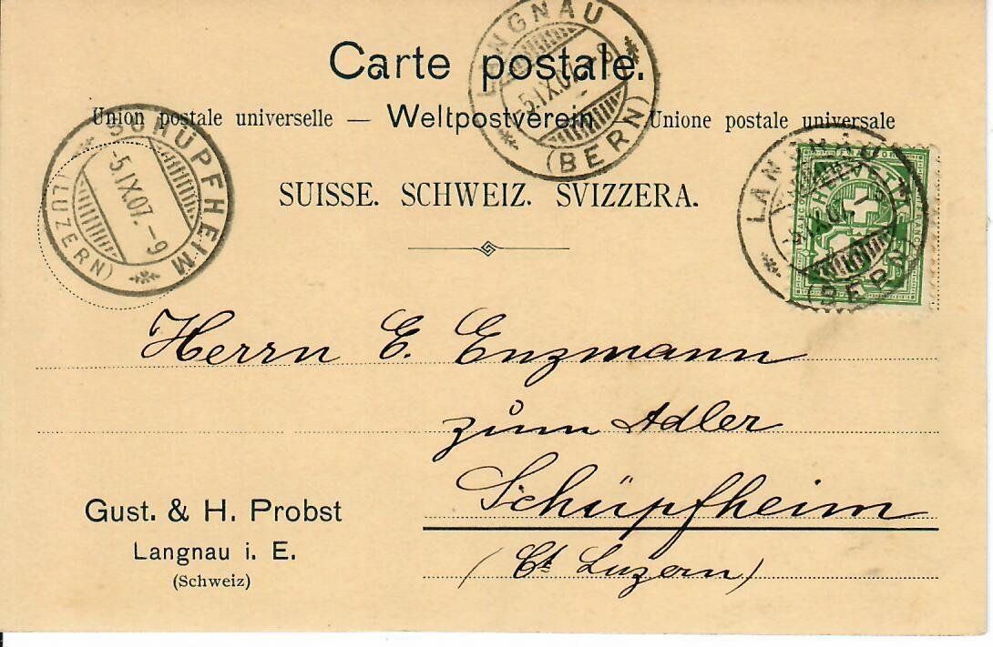 Alle Briefmarken: PK, Gust & H. Probst Langnau i. E. 1907 – Gebraucht aus Hochdorf von Ziegel-16