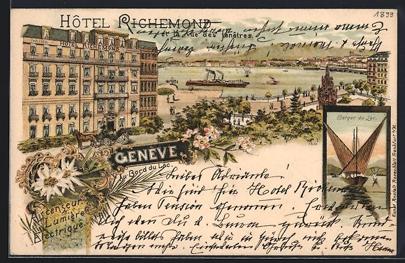 Cartoline postali: Litho Geneve, Hotel Richemond, Barque du – Usato da Berlin venduto da bartko-reher