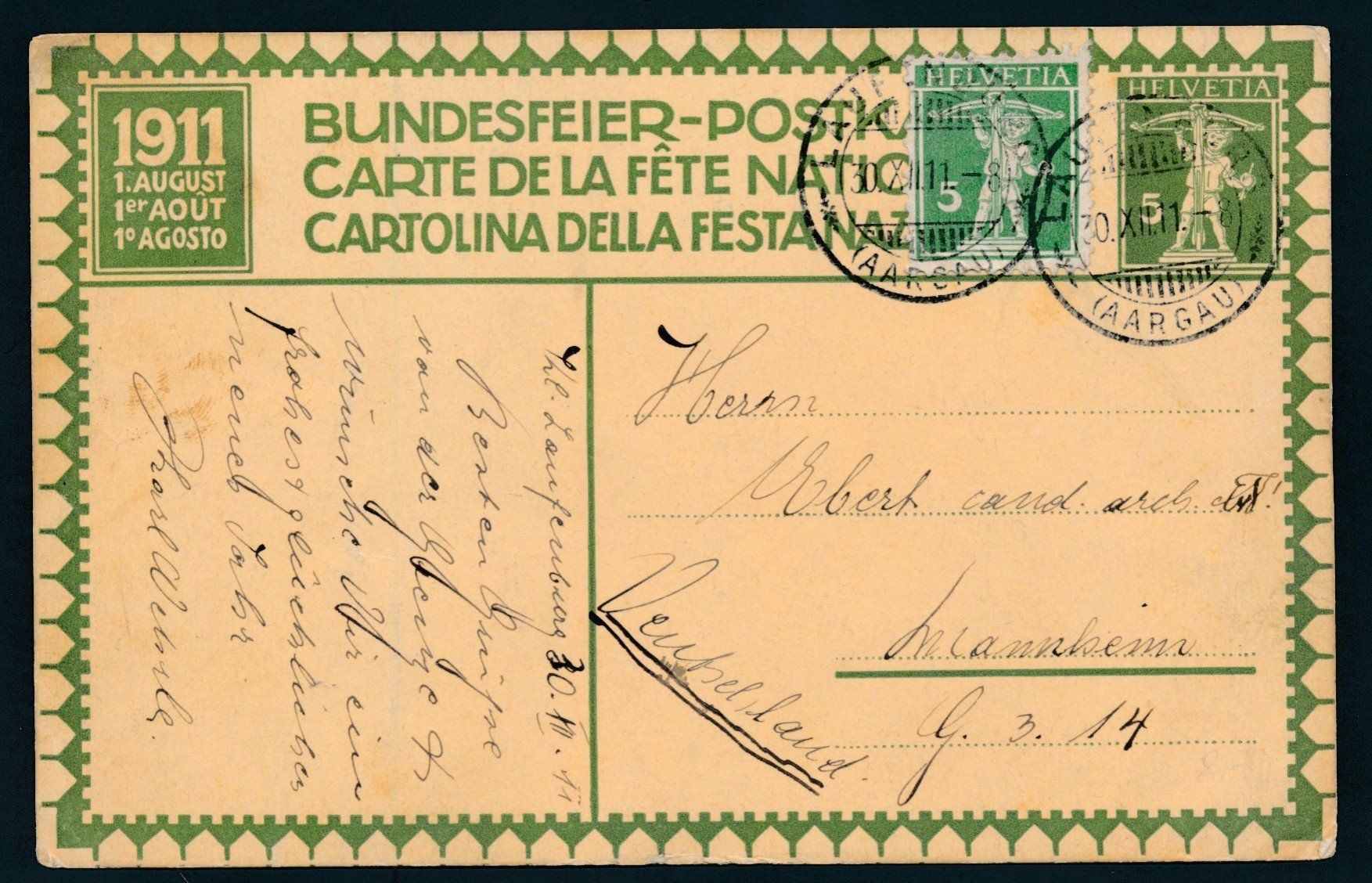 Alle Briefmarken: Bundesfeierkarte 1911 – Gebraucht aus Bonau von Profila3 1