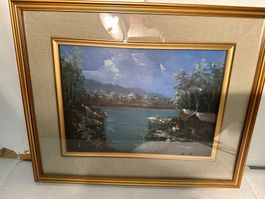 Superbe paysage nocturne lacustre huile sur toile signé