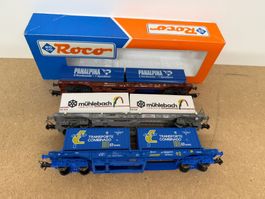 Spur H0 Roco 3er Set Containerwagen verschiedene Unternehmen