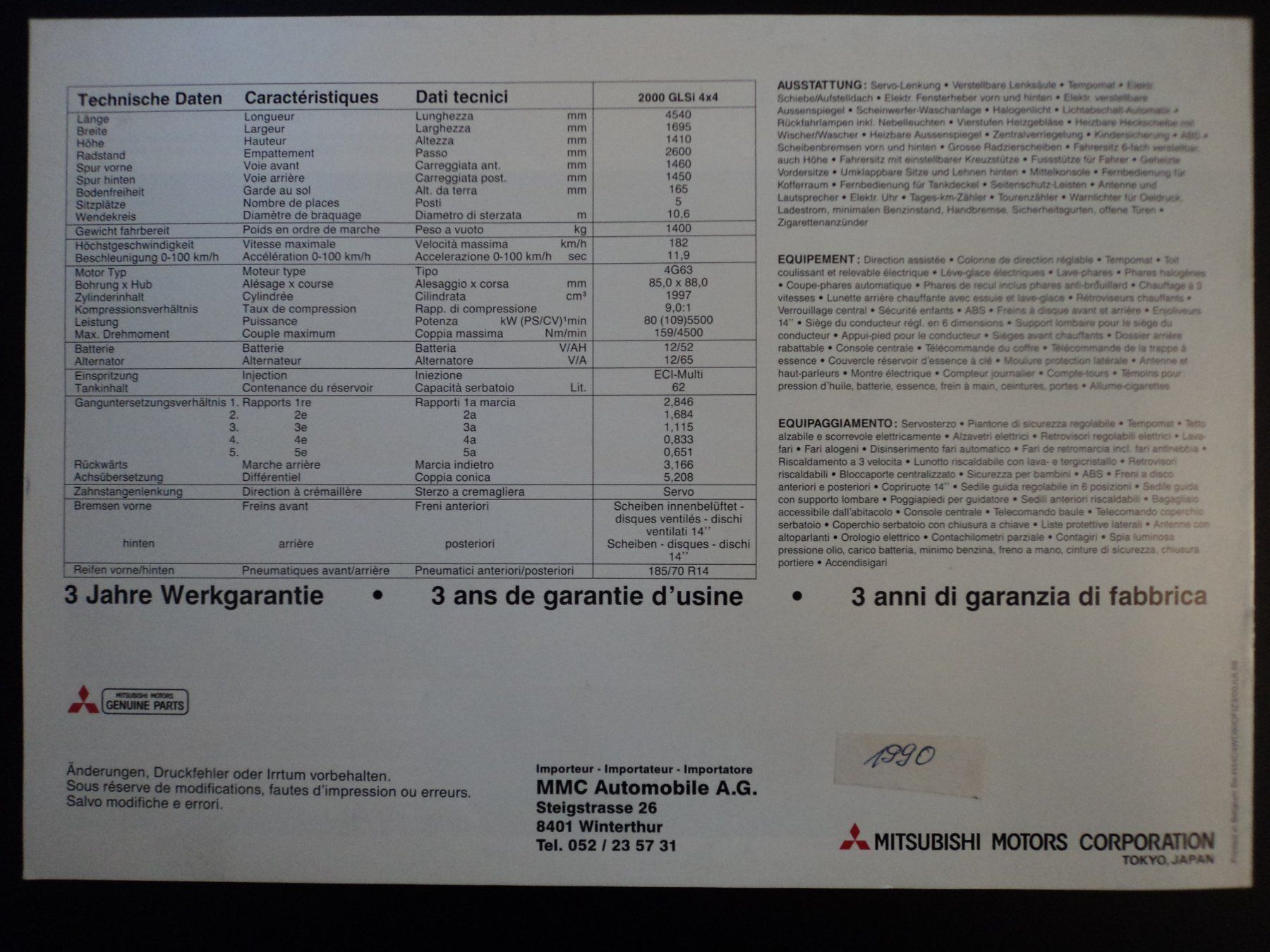Mitsubishi Documenti: Prospekt Mitsubishi Galant Hatchback 4x4  1989 – Usato da Schwarzenburg venduto da modelCARama 6