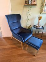 2x Ohrensessel mit Hocker blau Samt