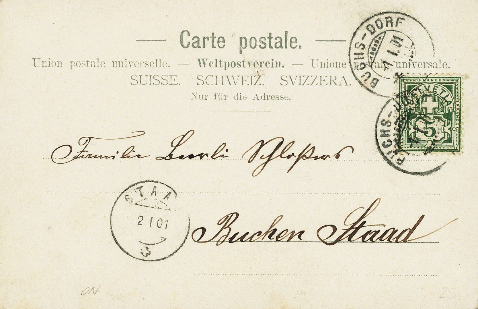 Cartoline postali: 1.1.1901: Ansichtskarte, sw. Litho Gruss aus Buchs – Usato da Basel venduto da Strubelibs 1