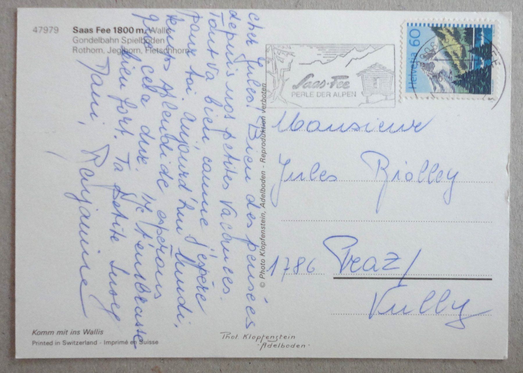 Cartoline postali: Saas-Fee 1800 m, Gondelbahn Spielboden – Usato da Fétigny venduto da Billy2miny 1