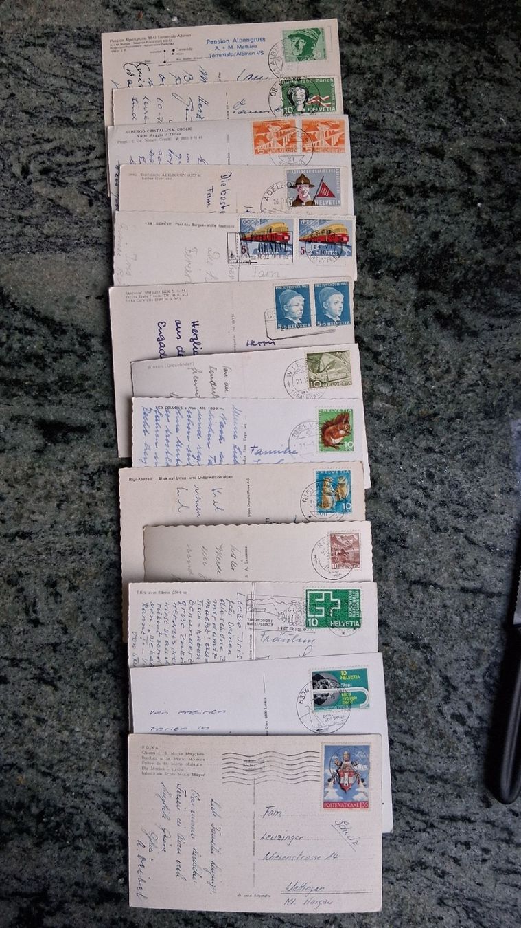 Tutti i francobolli: 66 alte Postkarten mit verschiedenen Schweizer Briefmarken – Usato da Wettingen venduto da Atollkirsche 5
