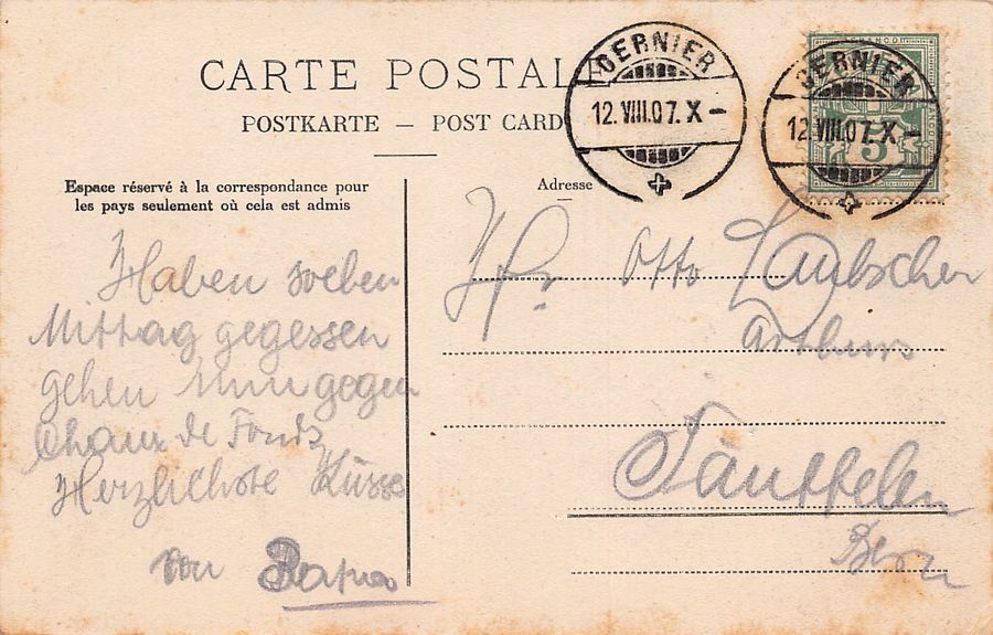 Cartoline postali: Cernier, vue générale, circulée 1907 – Usato da Frauenfeld venduto da POML 1