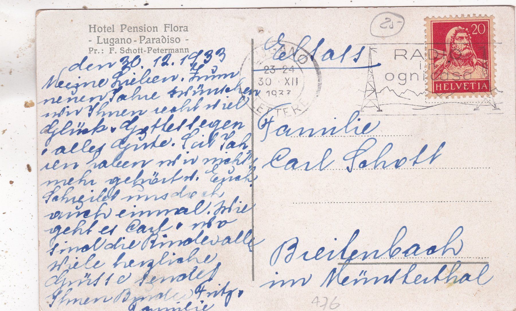 Cartoline postali: Lugano Paradiso Hotel Flora 1933 – Usato da Herisau venduto da Lisegrat2008 1