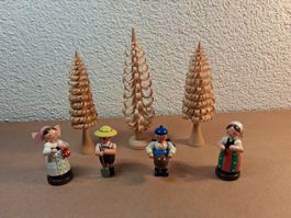 7 Erzgebirge DDR Figuren +Spanbäume.80iger Jahren.Handarbeit
