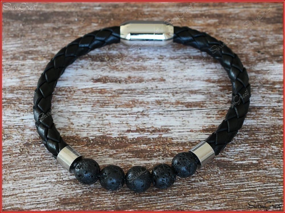 Bracelet Cuir Et Pierre De Lave PLANETYS - Acier 316L Hypoallergénique - Pour Homme/Femme
