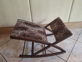 Repose-pieds - repose-jambes vintage bois et tissu léopard