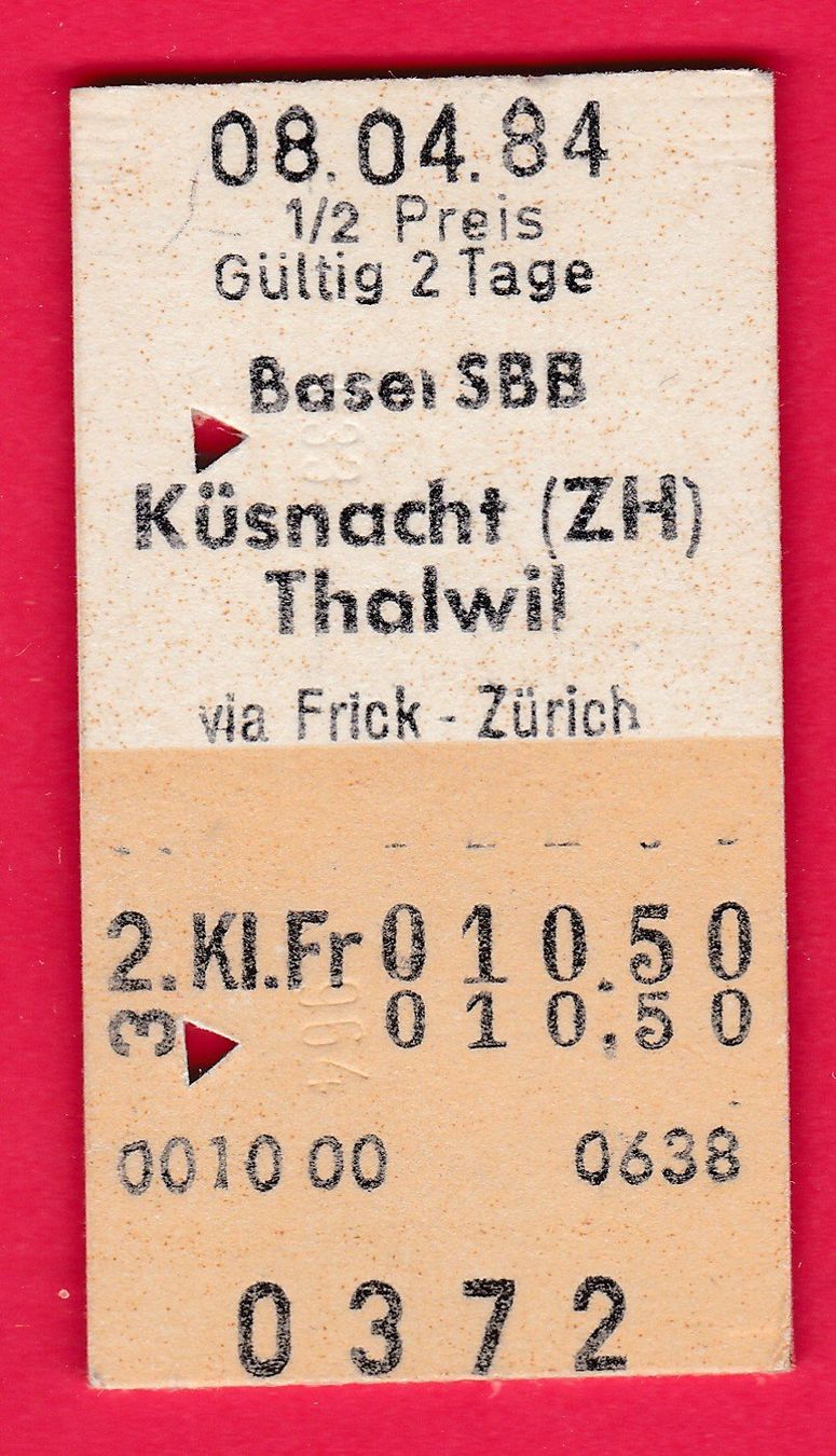Tickets: KARTON BILLETT, BASEL - THALWIL, 2.KLASSE, EINFACH, HALBTAX – Gebraucht aus Oberrieden von Gebirgsstelze