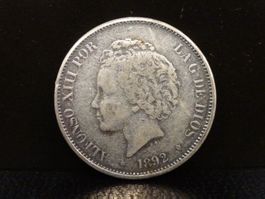 REPLIKA einer antiken Silbermünze  5 PESETAS 1892 ESPANA