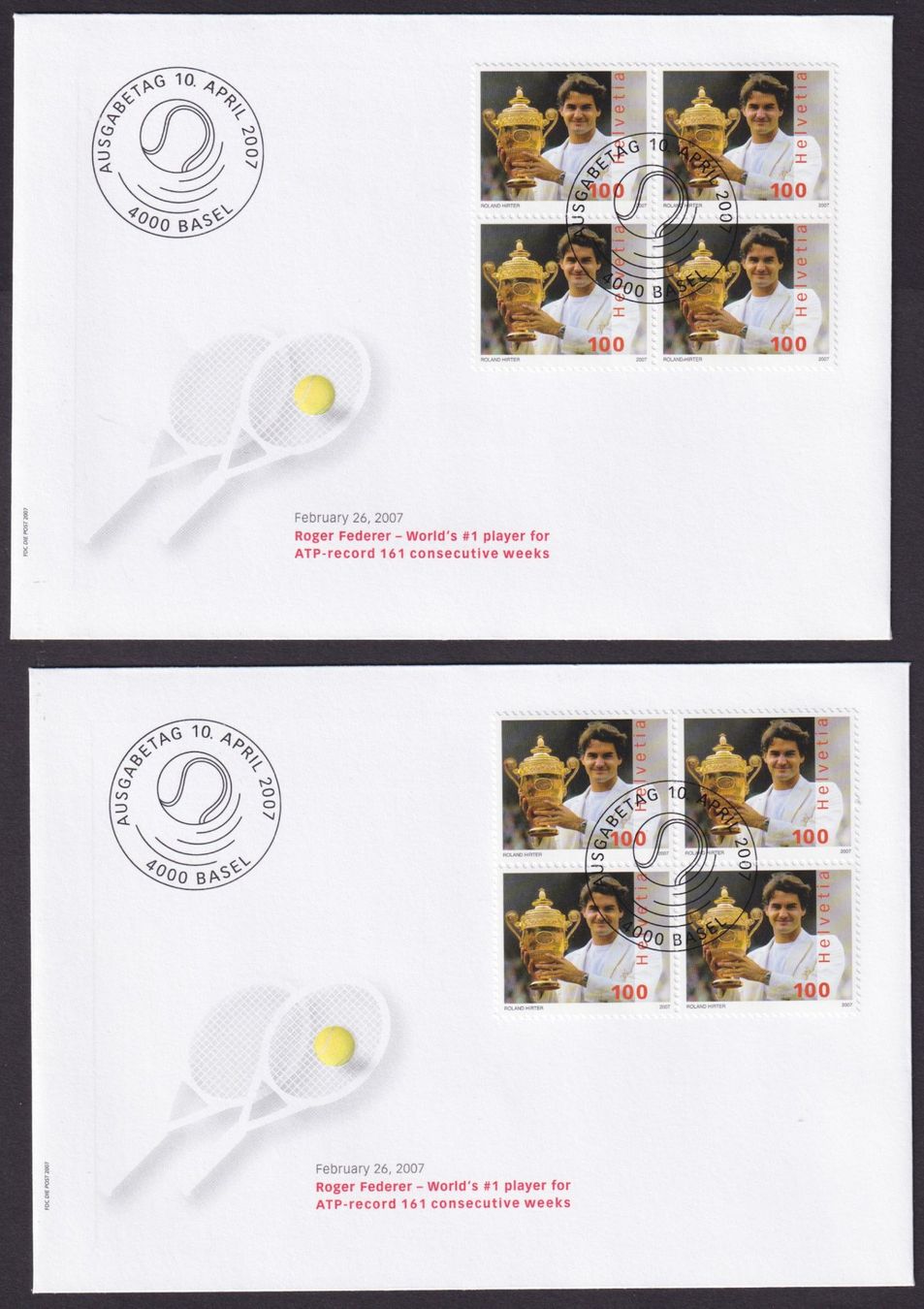 Alle Briefmarken: SCHWEIZ 2007, "Roger Federer", 4-Block auf 2 FDC – Gebraucht aus Meyriez von Fuewa