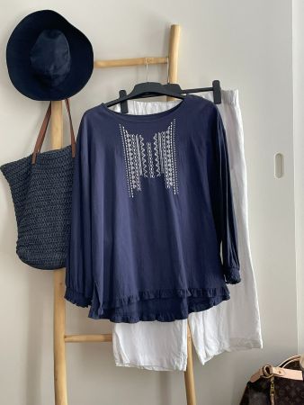🍁🌿🍁Neuf, Tunique coton bleu avec broderie XL-2XL