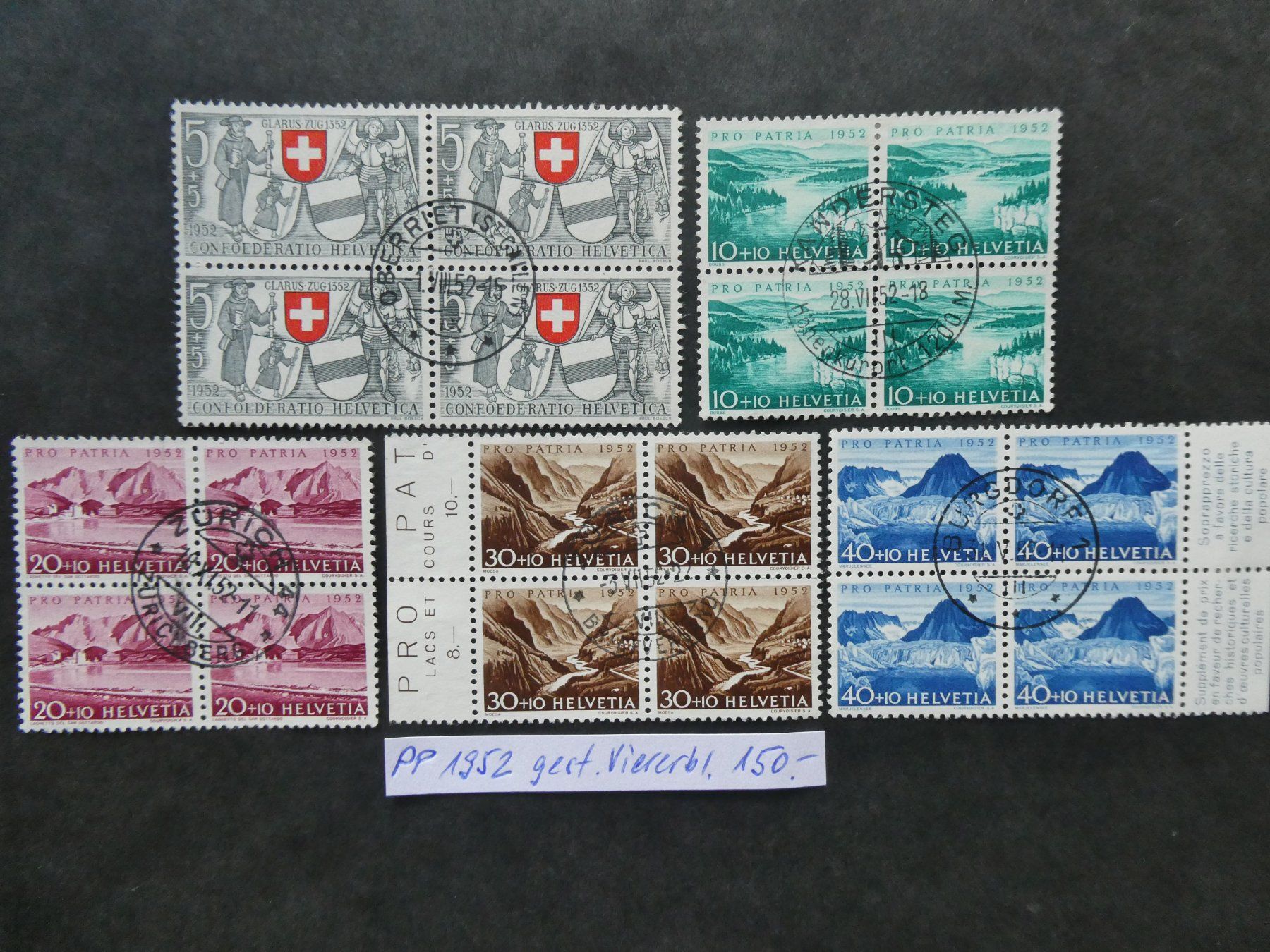 Tutti i francobolli: Pro Patria 1952 gestempelte Viererblöcke – Usato da Lausen venduto da Herbamare01