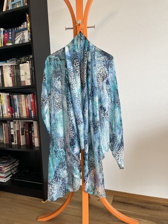 Lightweight Abstract Scarf - Teal, Blue & Grey, 190 cm Lengt