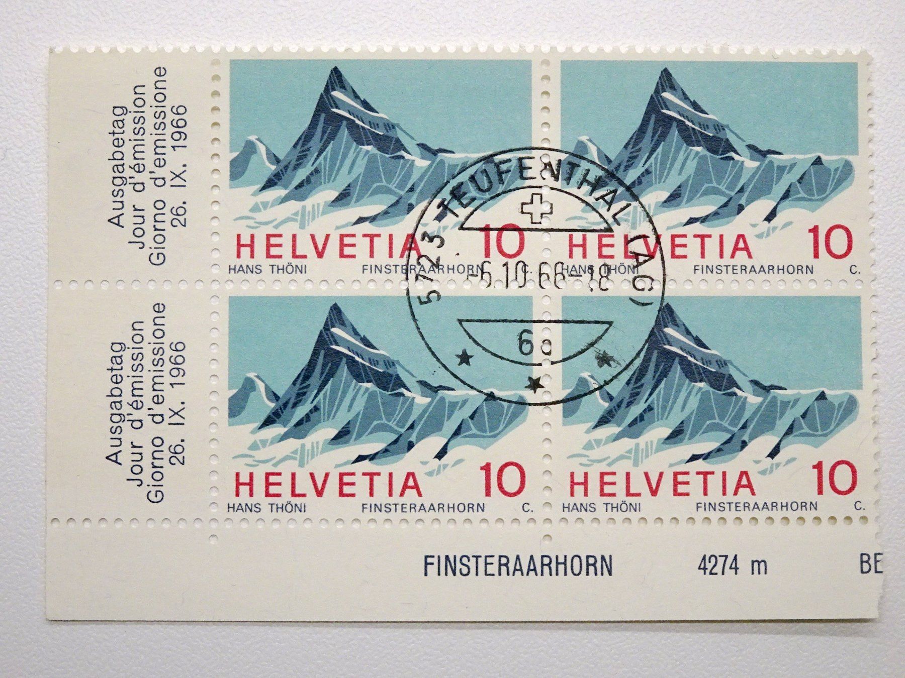 Alle Briefmarken: 4er Block Finsteraarhorn gestempelt 1966, mit Bogeneckrand – Gebraucht aus Ins von Cantianet