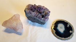 Mineralien Set Amethyst Stufe Rosenquarz Achat Scheibe Deko