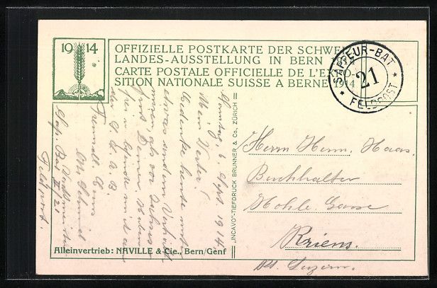 Cartoline postali: Bern, Schweizer Landes-Ausstellung 1914, – Usato da Berlin venduto da bartko-reher 1