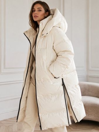 Hochwertige DUNO Daunenjacke / Daunenmantel – Weiß-Beige