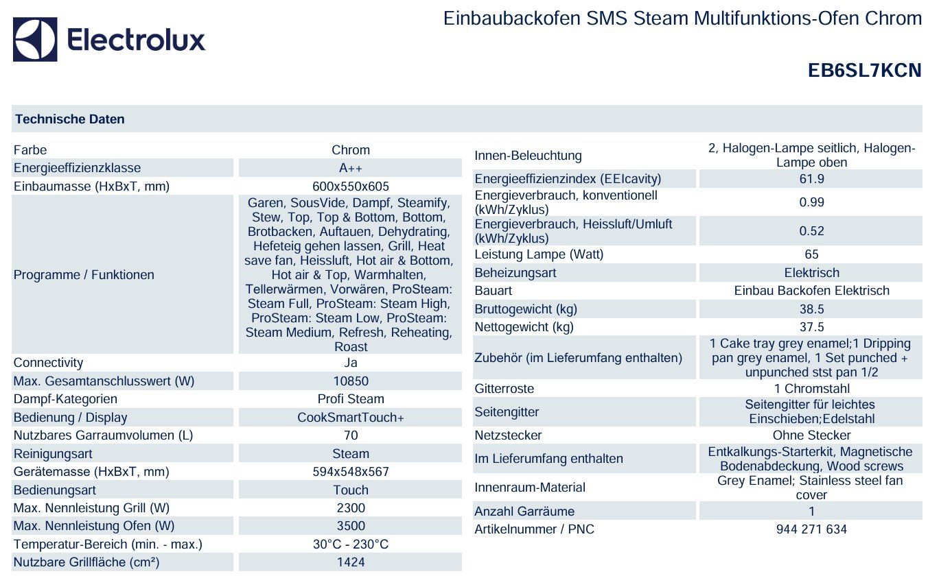 Electrolux Backöfen: 044 Electrolux Einbau Multifunktions-Ofen/Steamer 60x55cm – Neu und originalverpackt aus Derendingen von Meisterstuecke 2