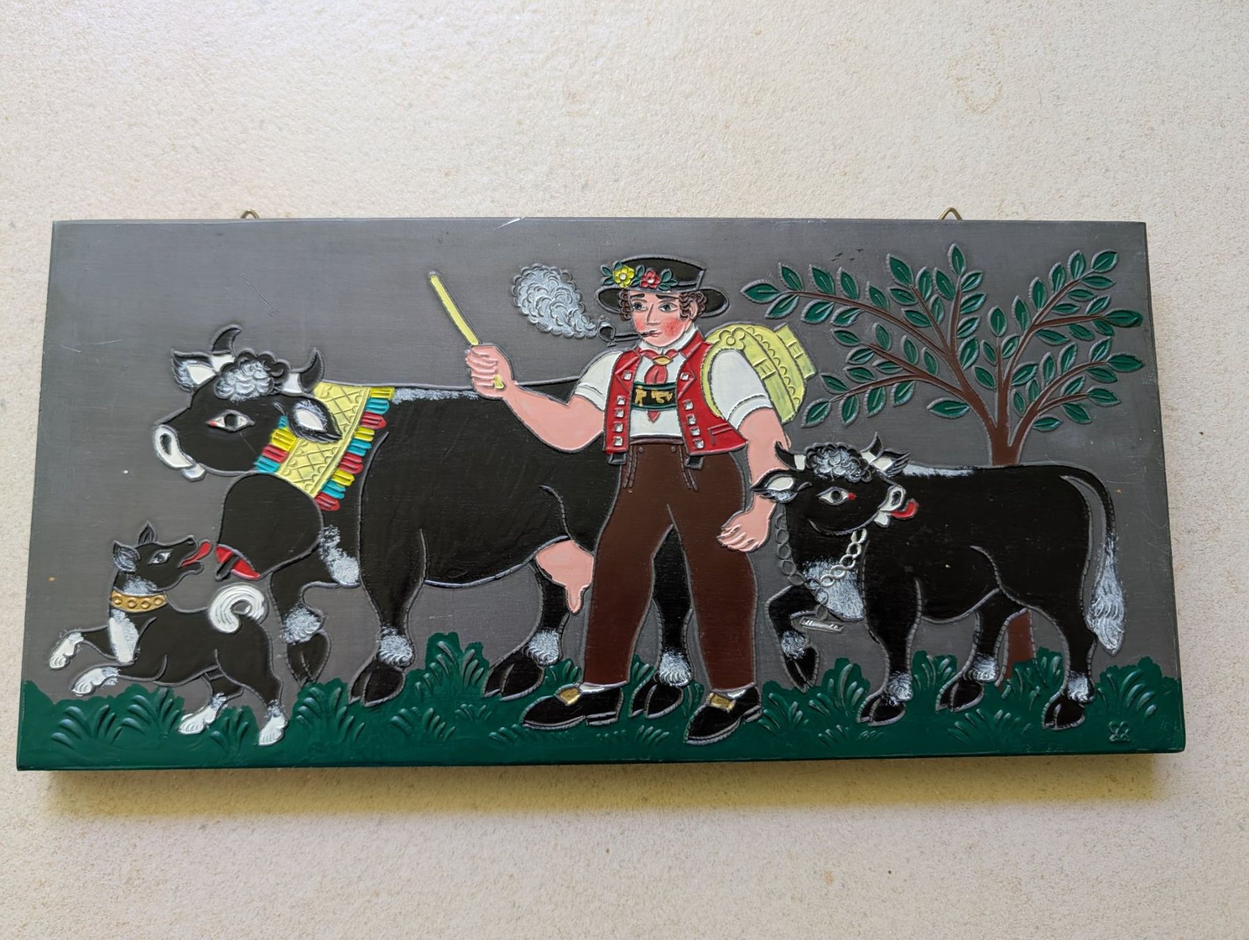 Dipinti: Emil Fässler 1985, Bleiplattenbild 29x14cm – Usato da Meggen venduto da banduga