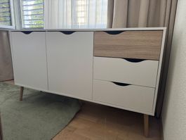Sideboard weiss/Eiche 148 cm, 2 Türen 3 Schubladen