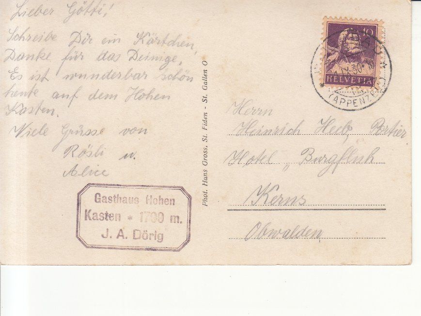 Cartoline postali: Hoher Kasten 1930 – Usato da Bürglen TG venduto da StampGraf 1