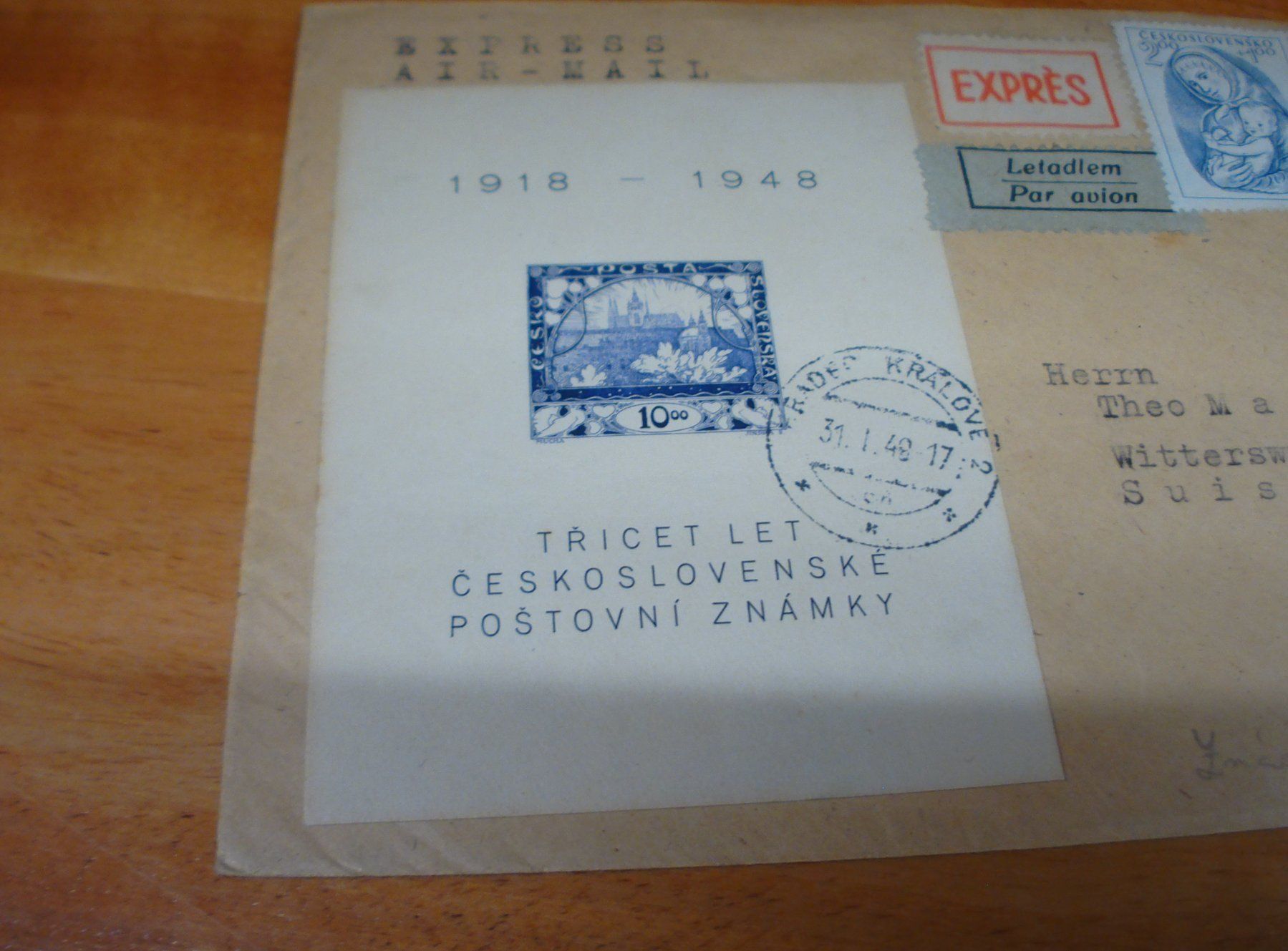 Alle Briefmarken: Tschechoslowakei, Flug-Brief 1948, mit Block – Gebraucht aus Niederwil AG von morostahu 1