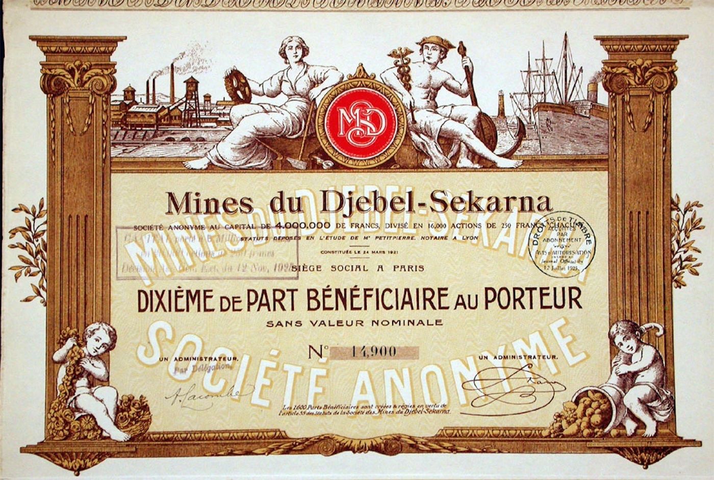 Documenti: Mines du Djebel-Sekarna SA, Paris - 1925 – Usato da Solothurn venduto da Sgasche