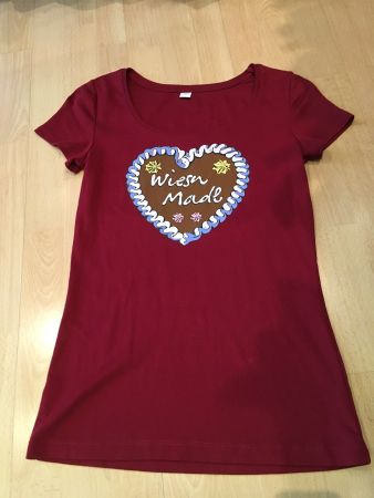 S Oliver BW T Shirt weinrot bedruckt Herz Wiesn Madl Gr 38